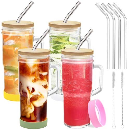 4-Pack 24oz Glass Tumbler Cups with Handle, Bamboo Lids, and Straws - Reusable Mason Jar Drinking Glasses for Iced Coffee, Smoothies, Beer, Juice, and Tea