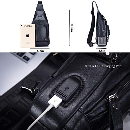 BULLCAPTAIN Genuine Leather Sling Bag with USB Charging Port Multi-pocket Chest Bag for Men Hiking Travel Daypack XB-129