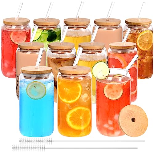 12pcs Glass Cups with Bamboo Lids and Glass Straws Set-16oz Can Shaped Drinking Glasses, Beer Glasses, Iced Coffee Glasses, Cute Tumbler Cup, Ideal for Whiskey,Cocktail,Wine,Gift-2 Cleaning Brushes