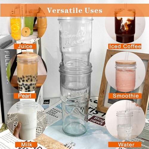 ANOTION Glass Cups with Lids and Straws 4 Packs, 24oz Travel Coffee Mug Wide Mouth Mason Jar Iced Coffee Cup Smoothie Cup Glass Tumbler Tea Cup Clear Cute Water Cups Drinking Jars Glasses