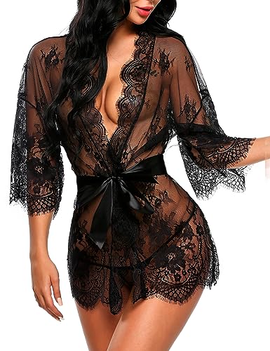 Avidlove Women's Lace Kimono Robe Babydoll Lingerie Mesh Nightgown S-5XL