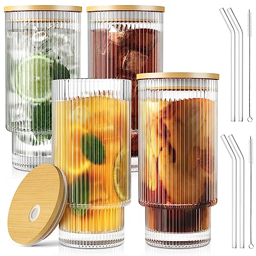 16OZ Ribbed Glass Cups with Bamboo Lids and Glass Straws 4 Set, Vintage Glassware for Whiskey Cocktail Beer, Iced Coffee Cups for Cute Gifts (4 Set)