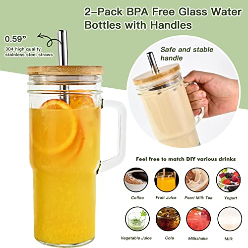 Glass Cups with Bamboo Lids and Straws,24oz Tumbler With Handle,4 Pack Mason Jar with Lid and Straw-Wide Mouth Reusable Drinking Glasses,Boba Cup Smoothie Tumbler Iced Coffee Cup Travel Mug