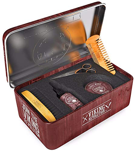 Viking Revolution Ultimate Grooming Kit for Men - Boar Brush, Wood Comb, Sandalwood Balm & Oil, Scissors for Beard & Mustache