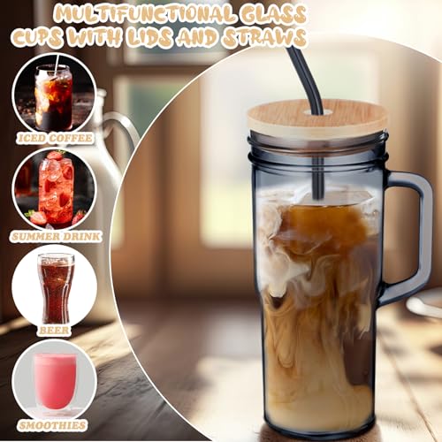 Hushee 6 Pcs 24 oz Glass Cups with Lids and Straws Glass Tumblers with Handle Reusable Drinking Cups with Lids for Adults Coffee Jars with Lids Drinking Jars for Iced and Hot Beer Juice and Tea