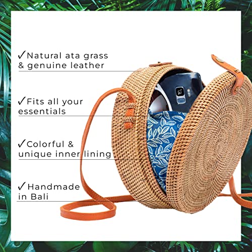 Novum Crafts Round Rattan Bag for Women - Handmade Ata Wicker Woven Purse - Circle, Square, Oval Brown Straw Boho Bags