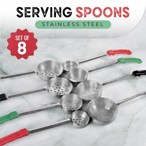 Portion Control Serving Spoons - Bariatric Must Haves - Ideal for Weight Watchers & Gastric Bypass - Set of 8 Ladles, 4 Sizes - Solid Bottom & Perforated/Slotted for Draining