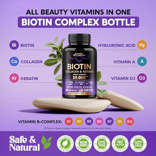 Biotin | Collagen | Keratin | Hyaluronic Acid - Hair Growth Support Supplement | Skin & Nails Beauty Complex 25000 mcg - B1 | B2 | B3 | B6 | B7 - Made in USA - For Women & Men | 60 Capsules