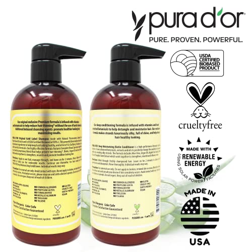 PURA D'OR Anti-Thinning Biotin Shampoo & Hair Regrowth Conditioner Original Gold Label Set (16Oz x2) Natural Earthy Scent, Clinically Tested Proven Results, DHT Blocker Thickening, For Women & Men