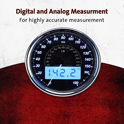 EILISON Highly Advance 2-in-1 Digital & Analog Weighing Scale for Body Weight-400lbs, 4 High Precison GX Sensor Accurate, Thick Tempered Glass, Extra Large Display (Red)