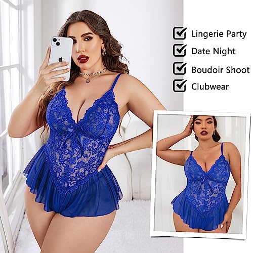 Avidlove Plus Size Lingerie for Women Lace Bodysuit One Piece Teddy Babydoll Mesh Chemise V Neck Sleepwear L-5XL