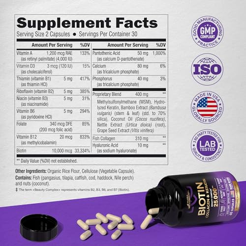 Biotin | Collagen | Keratin | Hyaluronic Acid - Hair Growth Support Supplement | Skin & Nails Beauty Complex 25000 mcg - B1 | B2 | B3 | B6 | B7 - Made in USA - For Women & Men | 60 Capsules