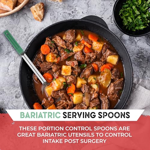 Portion Control Serving Spoons - Bariatric Must Haves - Ideal for Weight Watchers & Gastric Bypass - Set of 8 Ladles, 4 Sizes - Solid Bottom & Perforated/Slotted for Draining