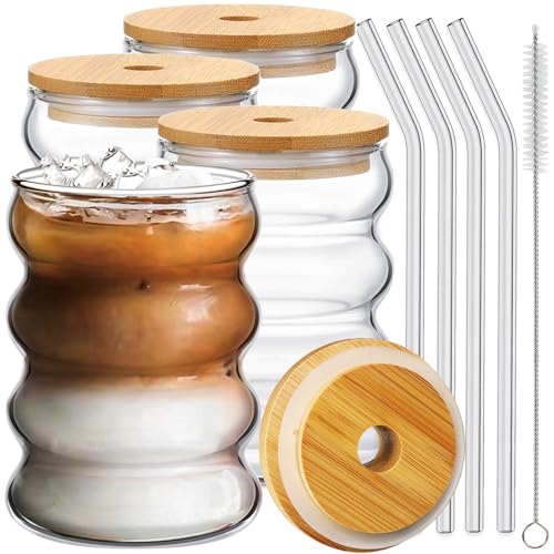 4 Pcs Drinking Glasses with Bamboo Lids and Glass Straw 14oz Glassware Set,Cocktail Glasses,Iced Coffee Glasses,Beer Glasses,Ideal for Water,Soda,Tea,Gift - with Cleaning Brushe