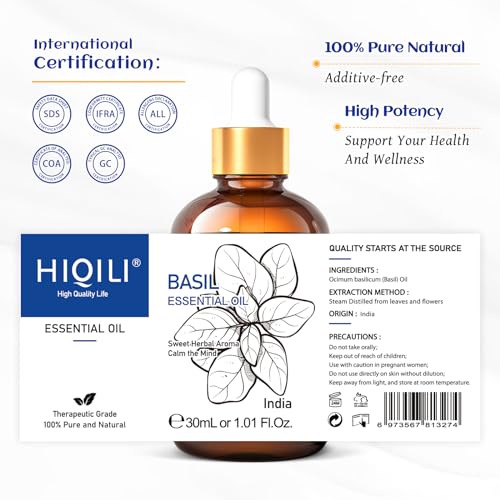 HIQILI 1 Fl Oz Basil Essential Oil, 100% Pure Undiluted for Skin, Diffuser - 30ml