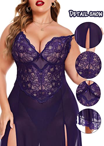 Avidlove Plus Size Lingerie For Women Babydoll Sexy Mesh Maxi Nightdress Strappy Exotic Sleepwear Side Slits