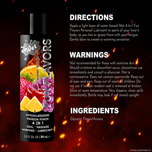 Wet Fun Flavors Passion Punch 4 in 1 Warming Flavored Tasty Lube 3 Fl Oz, Premium Personal Lubricant, Men, Women and Couples, Ideal for Foreplay & Massage, Paraben Free, Gluten, Stain, & Sugar Free