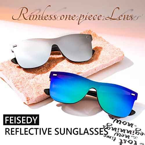 FEISEDY Sunglasses, Rimless Mirrored Sun Glasses with Reflective One-Piece Lens, B4114