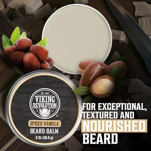 Viking Revolution Spiced Vanilla Beard Balm for Men - Beard Butter for Men with Argan Oil and Jojoba Oil - Beard Softener and Beard Moisturizer for Men Beard Styling Balm (1 Pack, 2oz)