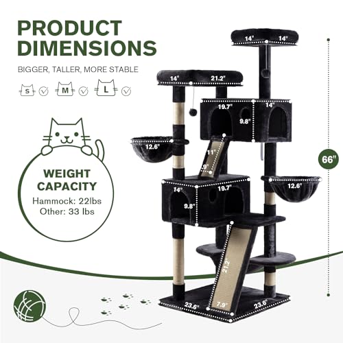 MUTICOR 66 Inches Multi-Level Large Cat Tree Tower for Indoor Big Cats/Cozy Plush Perches/Cat Condo/Sisal Scratching Posts/Hammock and Baskets/Cat Activity Center Play House/Wide Base/Dark Grey