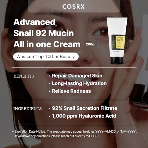 COSRX Snail Mucin 92% Moisturizer, Daily Repair Face Gel Cream Tube Type for Dry, Sensitive Skin, Not Tested on Animals, No Parabens, No Sulfates, No Phthalates, Korean Skincare (7.05Fl Oz / 200g)