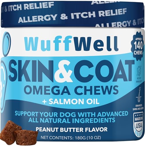 Omega 3 for Dogs with Salmon Oil 140ct - Dog Skin and Coat Supplement - Allergy and Itch Relief - Fish Oil for Dogs Chews - Dog Anti Shedding Supplement - Dry Skin Treatment - Made in USA