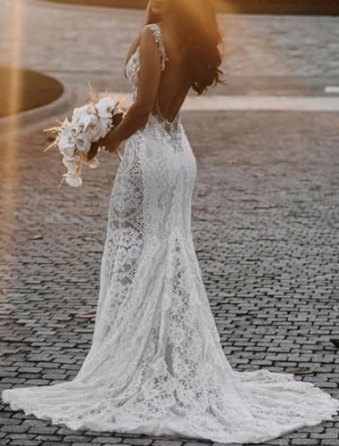 Beach Sexy Boho Wedding Dresses Mermaid/Trumpet V Neck Sleeveless Court Train Lace Appliques Bridal Gowns 2023