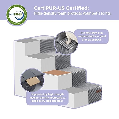 Lesure Dog Stairs for Small Dogs - Pet Stairs for High Beds and Couch, Folding Pet Steps with CertiPUR-US Certified Foam for Cat and Doggy, Non-Slip Bottom Dog Steps, Grey, 4 Steps