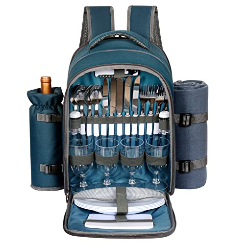 Hap Tim Picnic Basket Backpack for 4 Person with Blanket, Wine Holder, Cooler Compartment, Cutlery Set, Couples Gifts, Mr & Mrs Gifts, Bridal Shower Gifts, Registry Wedding Registry, Blue (3065-BL)