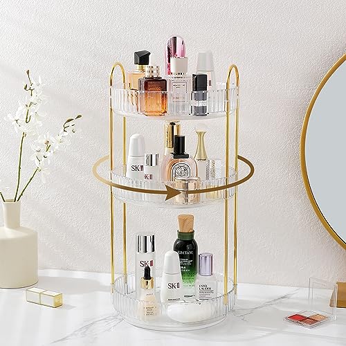 Rotating Makeup Organizer for Vanity, Large Skincare Make Up Storage Perfume Organizers for Bathroom Counter, Clear Cosmetic Dresser Organizer, Lipstick Toiletry Spinning Holder (3 Tiers, White)