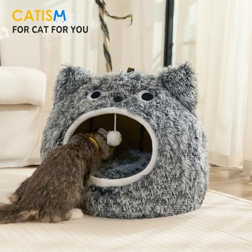 Cat Bed, Cat Beds for Indoor Cats Washable, Cute Warm Cat Cave, Large Cat & Dog Bed Cave, Cozy Plush Hooded Cat Bed with Soft Cushion, Black (20 * 20 * 16 Inches)