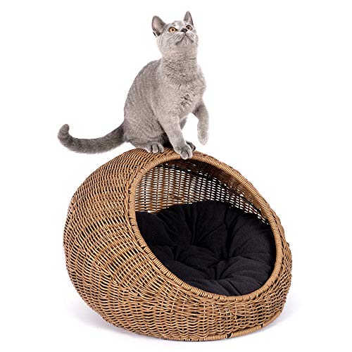 Wicker Cat Bed Dome for Medium Indoor Cats - a Covered Cat Hideaway Hut of Faux Rattan Houses Pets in Dome Basket, Washable