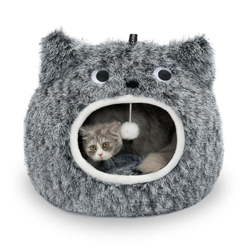 Cat Bed, Cat Beds for Indoor Cats Washable, Cute Warm Cat Cave, Large Cat & Dog Bed Cave, Cozy Plush Hooded Cat Bed with Soft Cushion, Black (20 * 20 * 16 Inches)