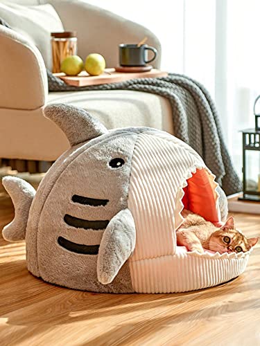 QWINEE Cat Mat Shark-Shaped Kennel Kitten Bed Hideout House Warm Soft Comfortable Semi-Closed Cat Dog Nest Grey Small