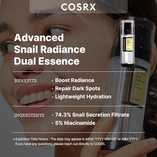 COSRX Niacinamide 5% + Snail Mucin 74% Dual Essence, Anti aging Face Serum for Dull Skin, Hydrating, Brightening, Repairing, 2.70 fl.oz / 80ml, Sensitive Skin, Not Tested on Animals, Korean Skincare