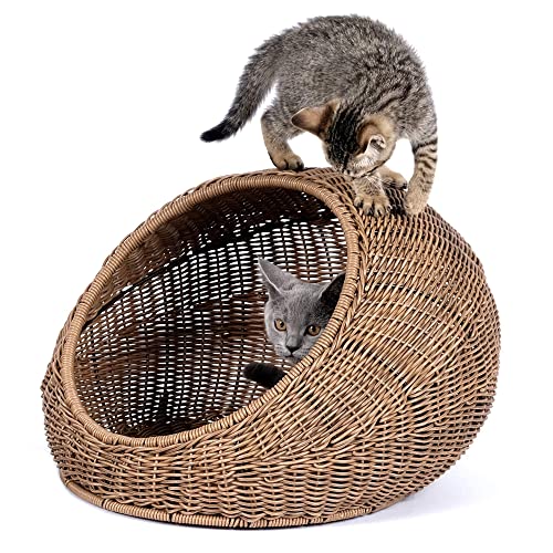 Wicker Cat Bed Dome for Medium Indoor Cats - a Covered Cat Hideaway Hut of Faux Rattan Houses Pets in Dome Basket, Washable