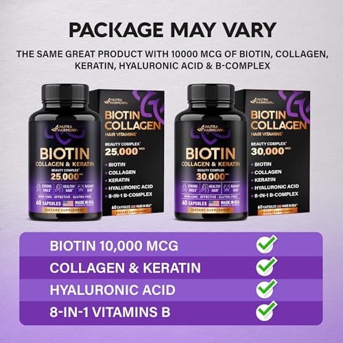 Biotin | Collagen | Keratin | Hyaluronic Acid - Hair Growth Support Supplement | Skin & Nails Beauty Complex 25000 mcg - B1 | B2 | B3 | B6 | B7 - Made in USA - For Women & Men | 60 Capsules