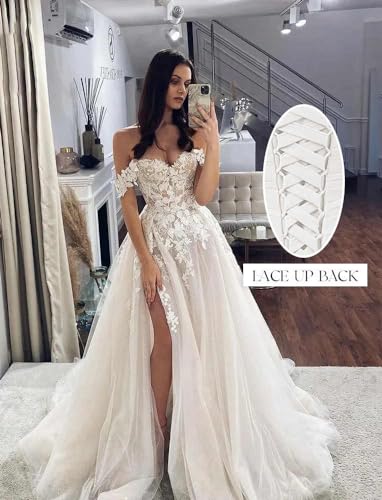 A Line Lace Appliques Wedding Dress with Slit Off The Shoulder Backless Boho Bridal Gowns