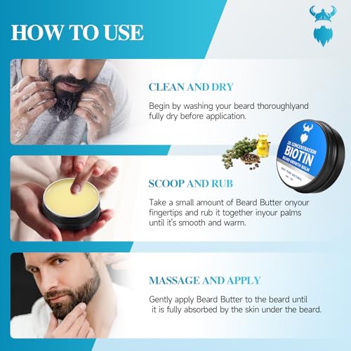 2X Concentration Biotin Beard Balm for Men & Conditioning Beard Wax - Made with Castor Oil Natural and Organic Ingredients - Hydrates & Thickens Facial Hair Growth- 2 Ounce Tin