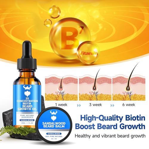 Beard Growth Oil & Beard Balm - Beard Growth Kit with 2X Concentration Biotin for Men, Natural Ingredients with Argan Oil, Jojoba Oil and Vitamin E