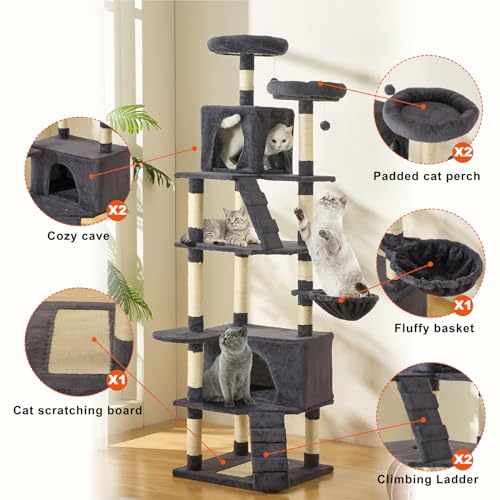 MDEAM Cat Tree 81 Inch Multi-Level Large Cat Tower for Large Cats with Cat Caves/Scratching Board/Climbing Ladder/Sisal Scratching Posts/Basket/Cozy Plush Cat Perches(Dark Gray)