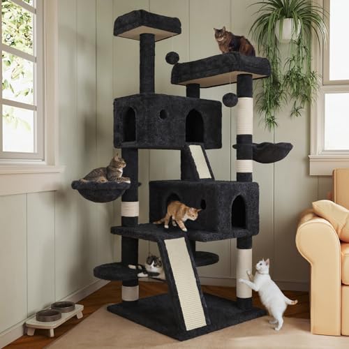 MUTICOR 66 Inches Multi-Level Large Cat Tree Tower for Indoor Big Cats/Cozy Plush Perches/Cat Condo/Sisal Scratching Posts/Hammock and Baskets/Cat Activity Center Play House/Wide Base/Dark Grey