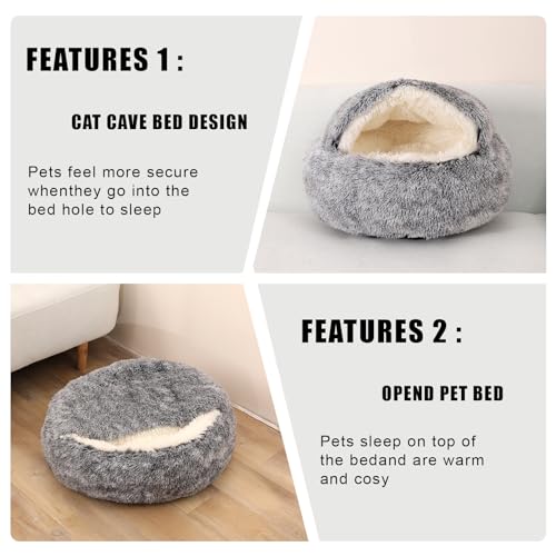 Calming Dog Beds & Cat Cave Bed with Hooded Cover,Removable Washable Round Beds for Small Medium Pets,Anti-Slip Faux Fur Fluffy Coved Bed,Comfortable Warming Pet Bed (20 * 20inch, Grey)