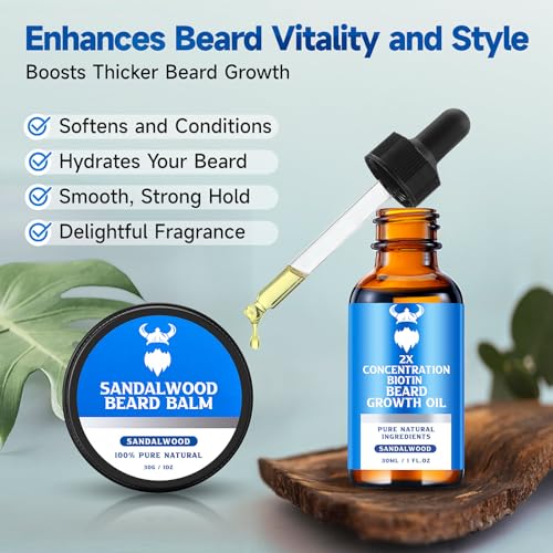 Beard Growth Oil & Beard Balm - Beard Growth Kit with 2X Concentration Biotin for Men, Natural Ingredients with Argan Oil, Jojoba Oil and Vitamin E