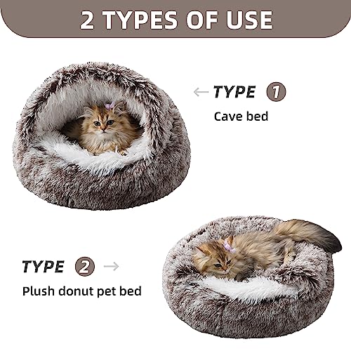 Cat Bed Round Plush Fluffy Hooded Calming Cat Bed Cave,Self Warming pet Bed with non-collapsed Cover for Indoor Cats or Small Dogs,Washable,Anti-Slip Waterproof Bottom,20",Gradual coffee