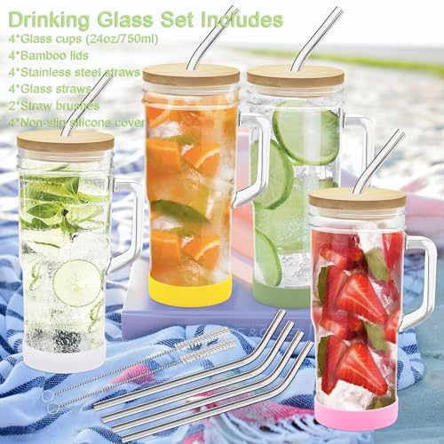 4-Pack 24oz Glass Tumbler Cups with Handle, Bamboo Lids, and Straws - Reusable Mason Jar Drinking Glasses for Iced Coffee, Smoothies, Beer, Juice, and Tea