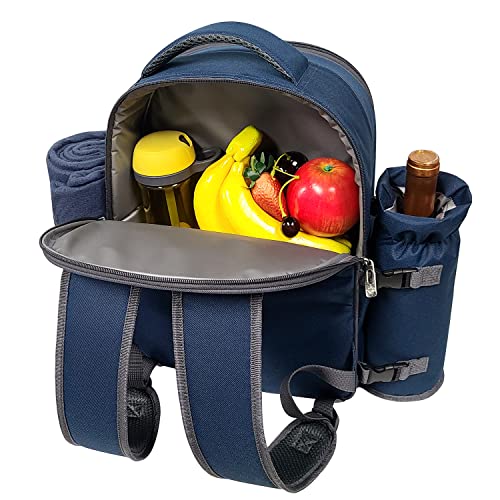 Hap Tim Picnic Basket Backpack for 4 Person with Blanket, Wine Holder, Cooler Compartment, Cutlery Set, Couples Gifts, Mr & Mrs Gifts, Bridal Shower Gifts, Registry Wedding Registry, Blue (3065-BL)