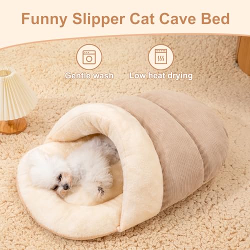 Jiupety Cat Bed for Indoor Cats, Slipper Cat Bed Cave, Cute Covered Cat Bed, Cozy Soft Pet Bed for Cat and Dog, Anti Slip Warm Kitten Bed House Cave, Enveloping Pet House Nest, L 25lbs,Camel