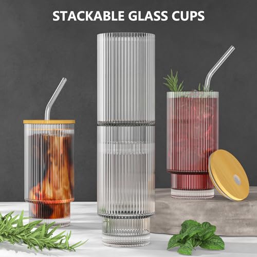 Glass Cups with Lid and Straw 2 Set, 16OZ Drinking Glasses for Whiskey Cocktail Beer, Ribbed Glassware Set for Gift (2 SET)