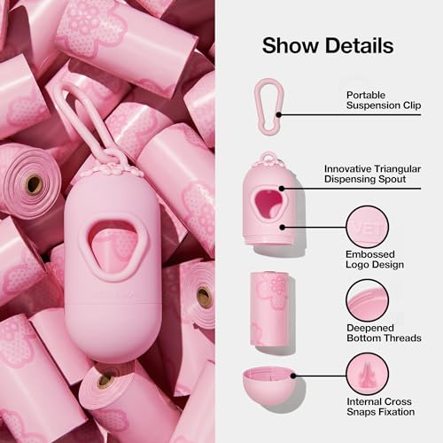 VETRESKA Dog Poop Bag Dispenser with Cherry Blossom Scented Bags, Leak Proof, Extra Thick Waste 1 Count Holder and 105 Bags for Walking Cats Litter, Pink